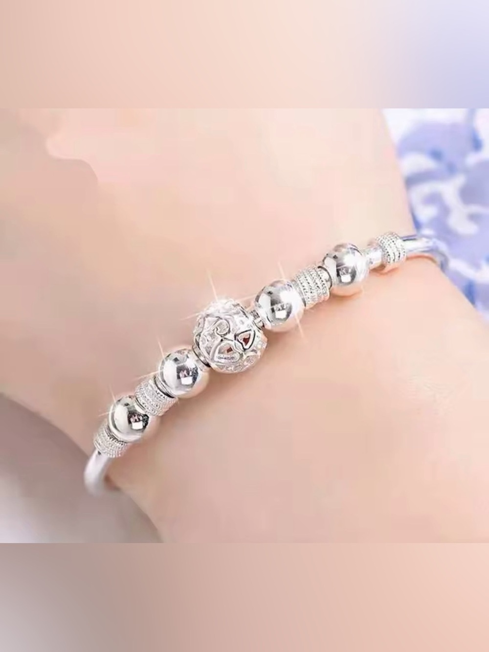 Italian Luxury Boutique Sterling Silver Heart Bead Bracelet Girls Size Ø 2,56”